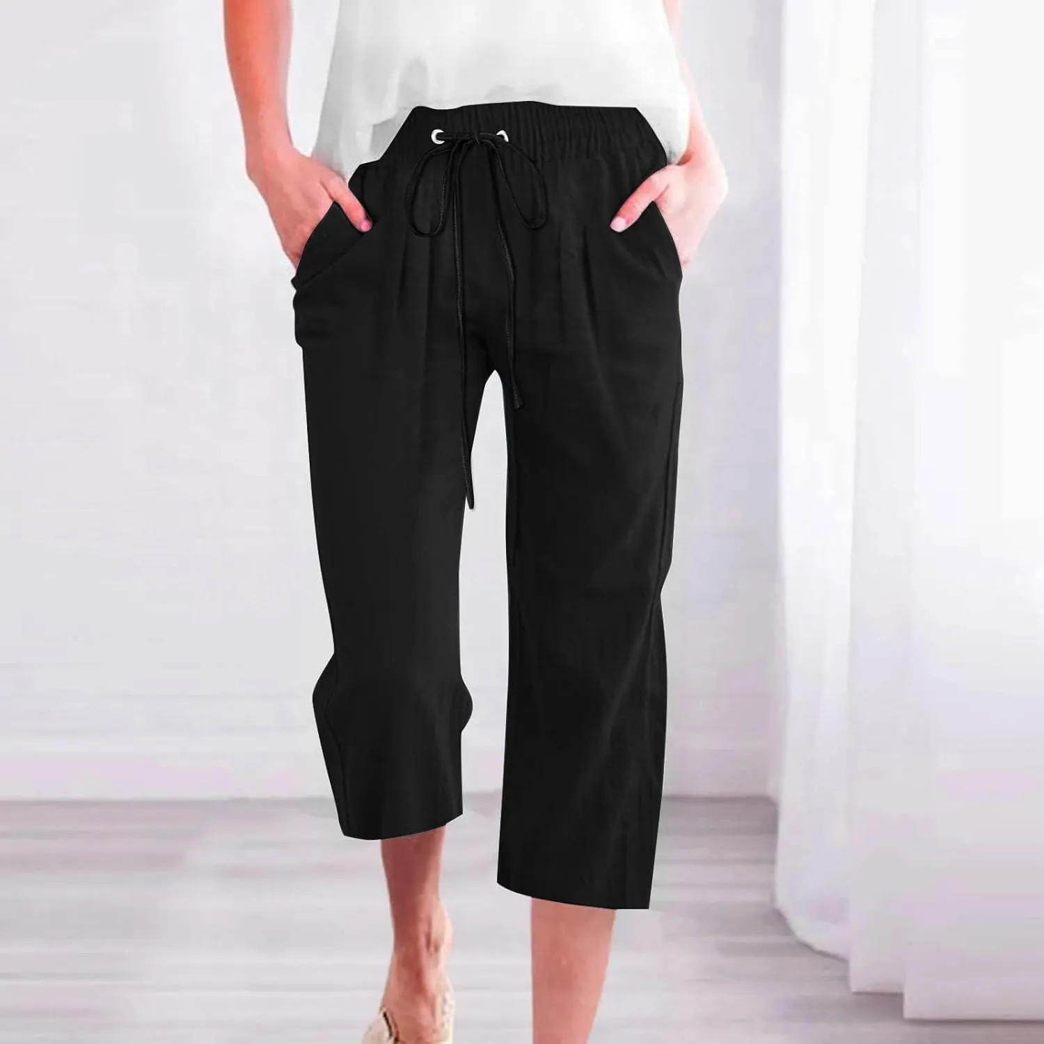 Capri Pants for Women Casual 20235 Summer Drawstring Elastic High Waist Linen Capri Straight Wide Leg Cropped Trousers