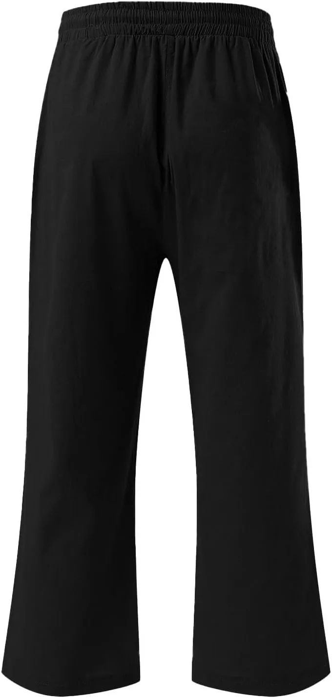 Capri Pants for Women Casual 20235 Summer Drawstring Elastic High Waist Linen Capri Straight Wide Leg Cropped Trousers