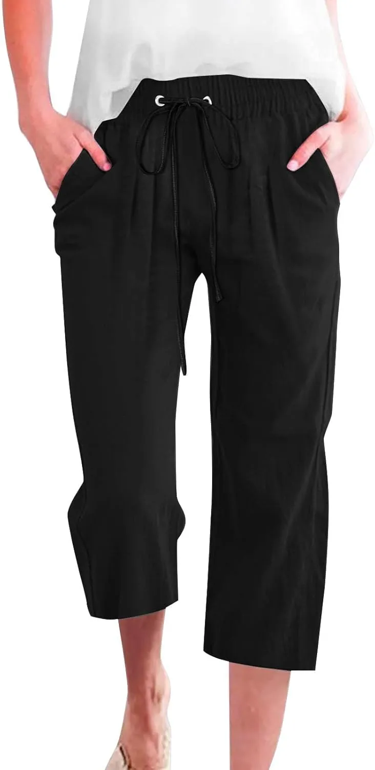 Capri Pants for Women Casual 20235 Summer Drawstring Elastic High Waist Linen Capri Straight Wide Leg Cropped Trousers