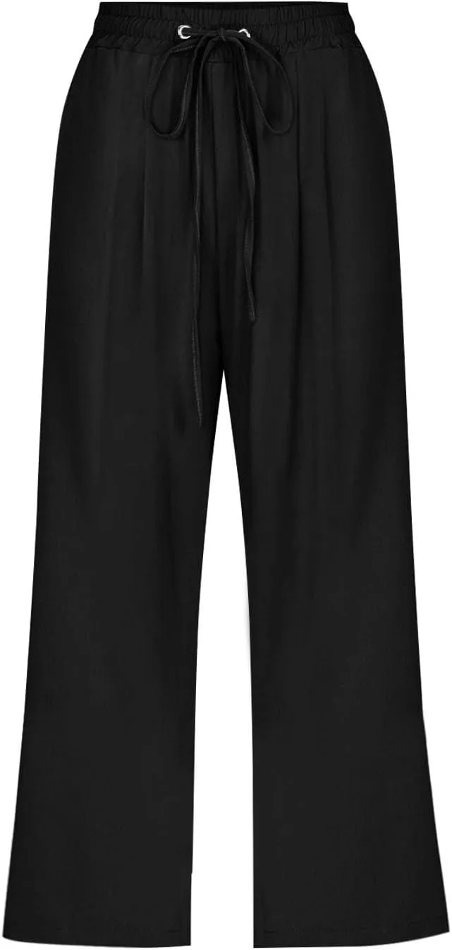 Capri Pants for Women Casual 20235 Summer Drawstring Elastic High Waist Linen Capri Straight Wide Leg Cropped Trousers