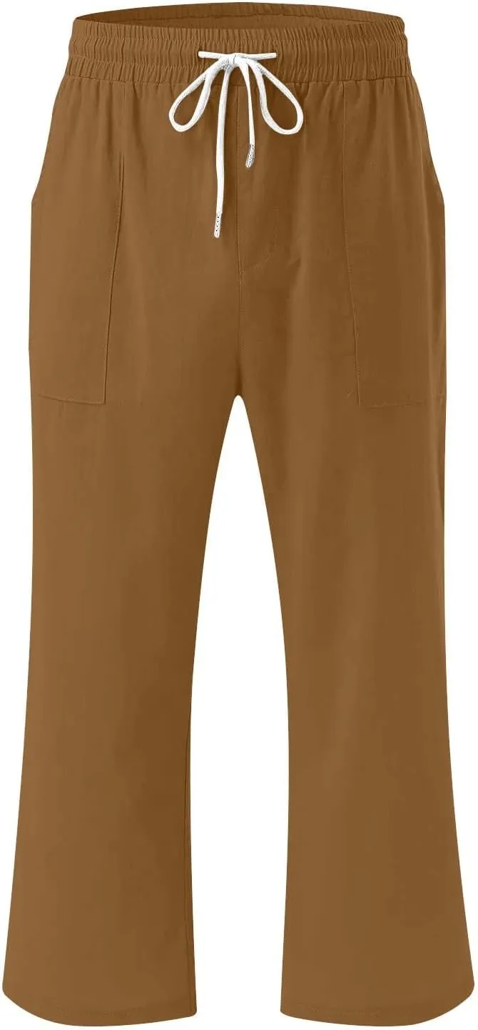 Capri Pants for Women Casual 2025 Summer Drawstring Elastic High Waist Linen Pant Straight Wide Leg Cropped Trousers