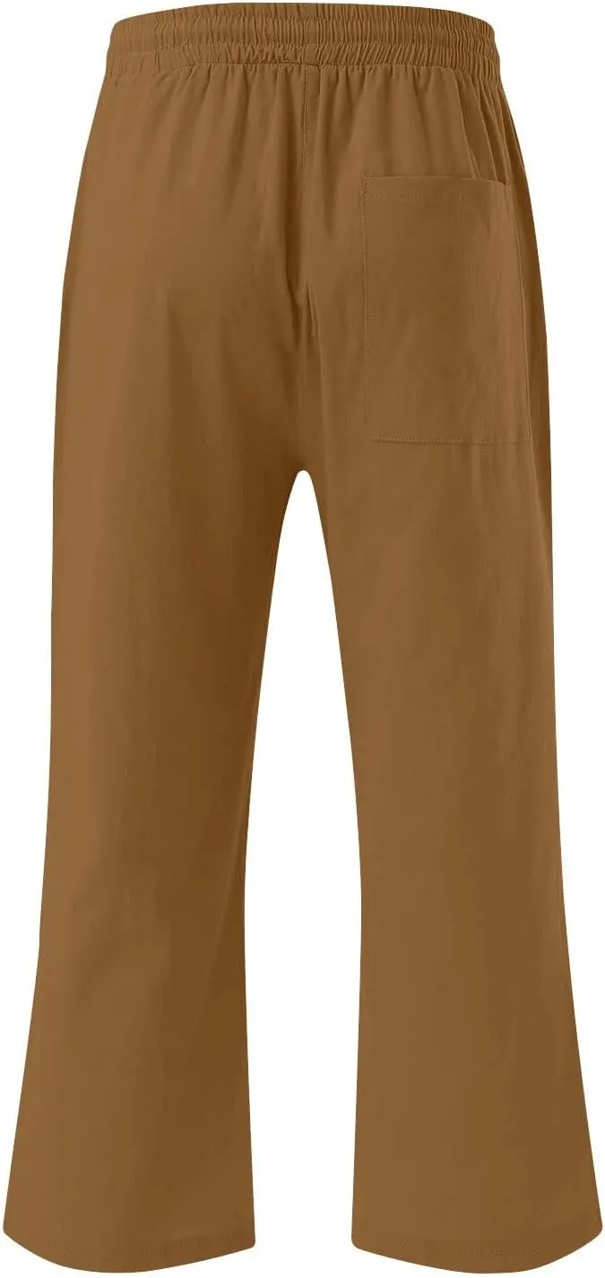 Capri Pants for Women Casual 2025 Summer Drawstring Elastic High Waist Linen Pant Straight Wide Leg Cropped Trousers