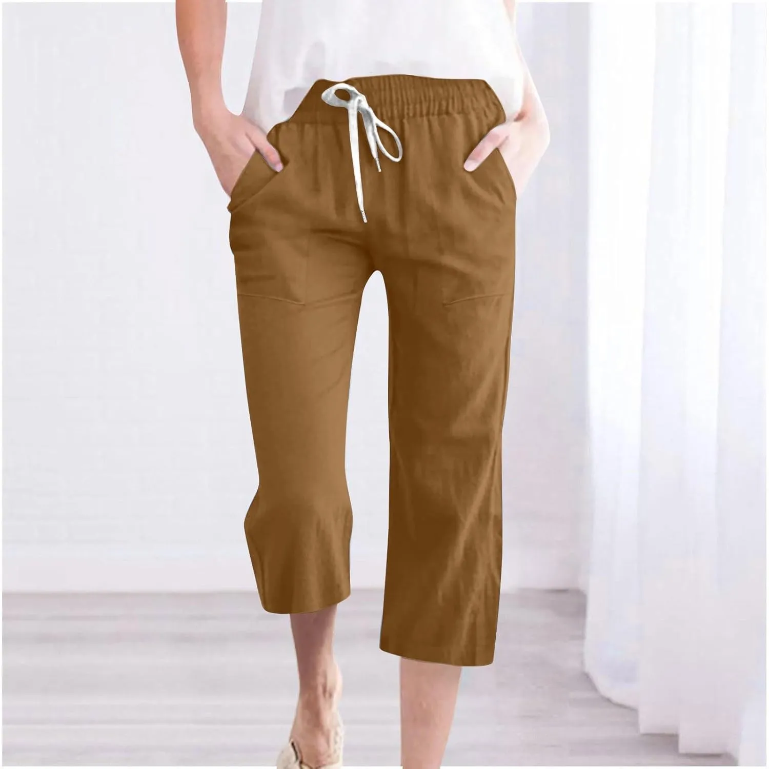Capri Pants for Women Casual 2025 Summer Drawstring Elastic High Waist Linen Pant Straight Wide Leg Cropped Trousers