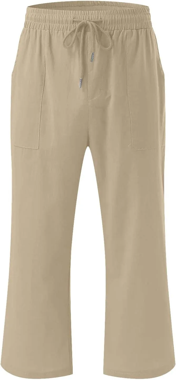Capri Pants for Women Casual 2025 Summer Drawstring Elastic Waist Linen Pant Straight Wide Leg Pocket Cropped Trouser