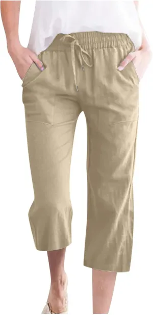 Capri Pants for Women Casual 2025 Summer Drawstring Elastic Waist Linen Pant Straight Wide Leg Pocket Cropped Trouser