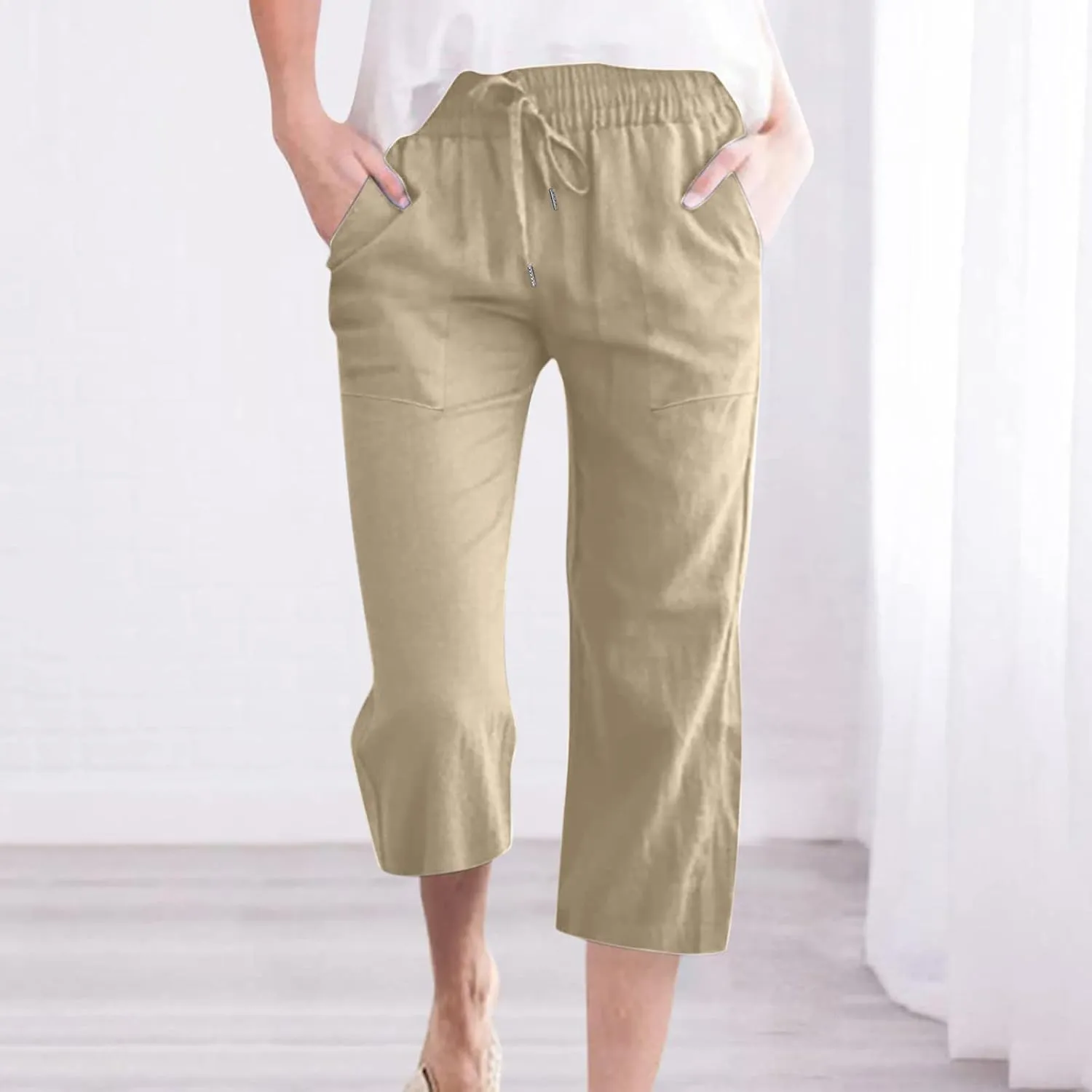 Capri Pants for Women Casual 2025 Summer Drawstring Elastic Waist Linen Pant Straight Wide Leg Pocket Cropped Trouser