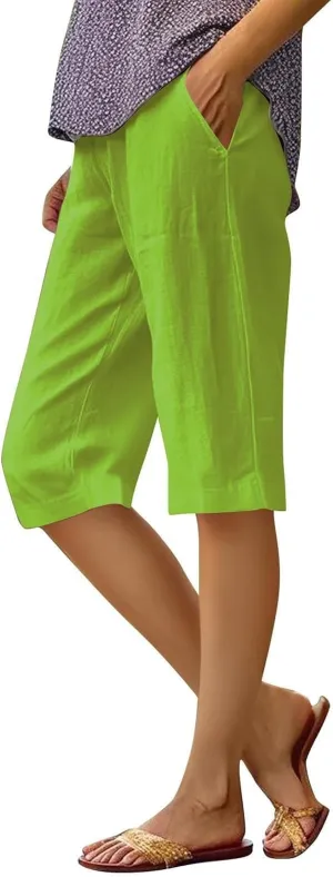 Capri Pants for Women Casual Linen Summer Elastic Waist Pant Straight Solid Wide Leg Workout Trouser with Pocket