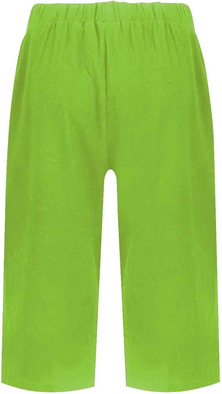 Capri Pants for Women Casual Linen Summer Elastic Waist Pant Straight Solid Wide Leg Workout Trouser with Pocket