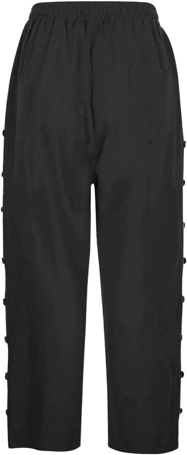 Capri Pants for Women Summer High Waist Elastic Straight Leg Lounge Pant Lightweight Side Button Beach Trousers