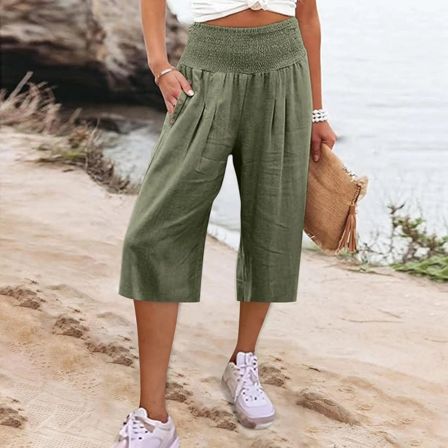 Capri Pants for Women, Wide Leg High Waist with Pockets Tummy Control