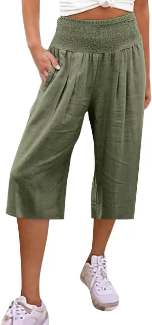 Capri Pants for Women, Wide Leg High Waist with Pockets Tummy Control