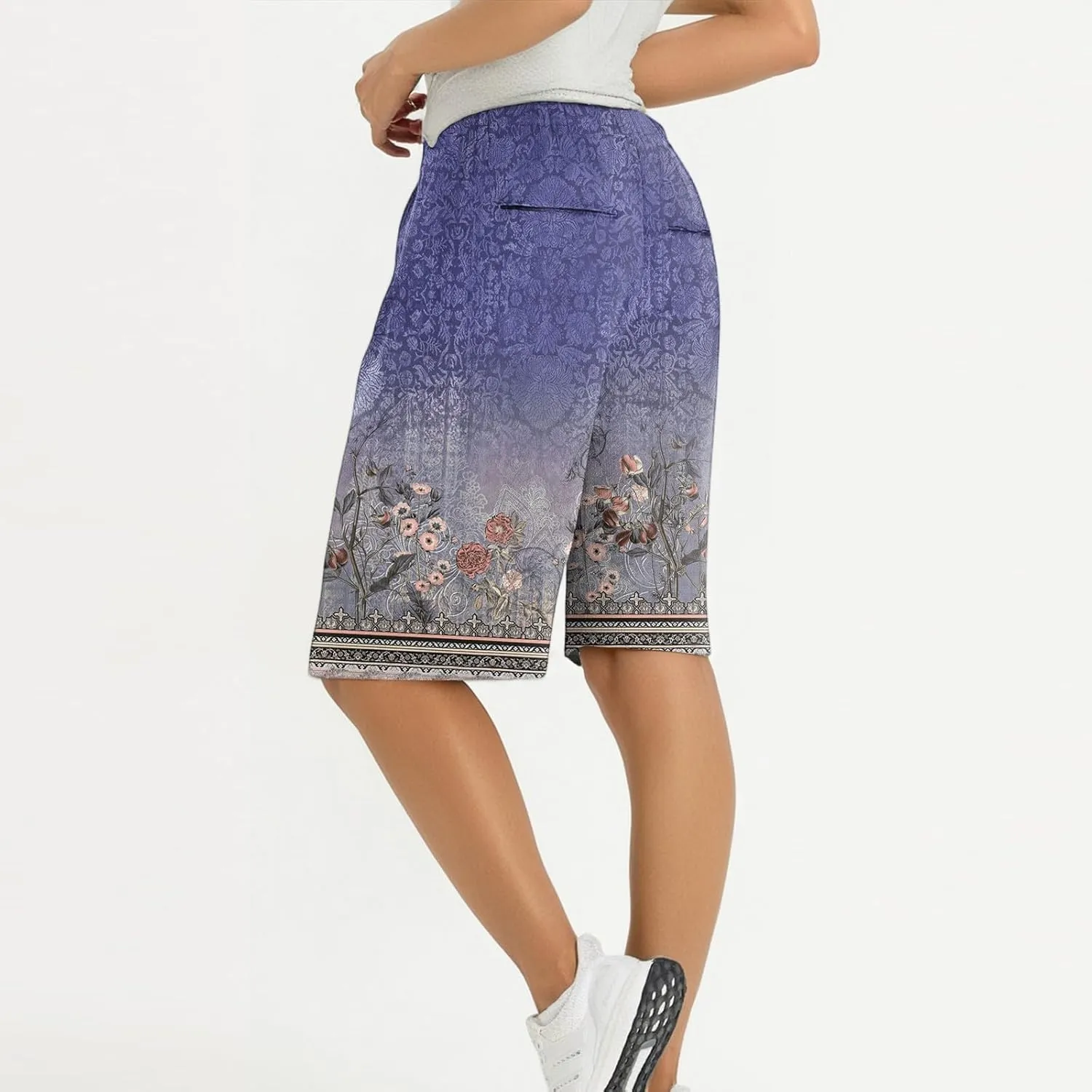 Capri Pants for Women Wide Leg Knee Length Boho Floral Summer Bermuda Shorts Cotton Linen Trousers with Pockets