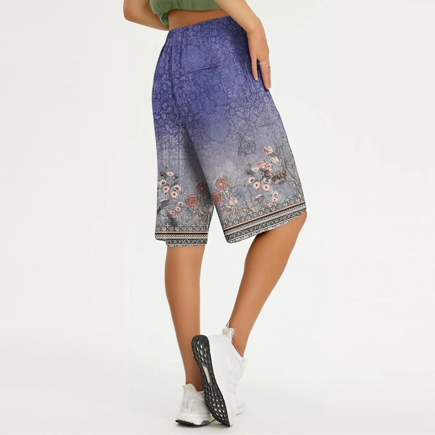 Capri Pants for Women Wide Leg Knee Length Boho Floral Summer Bermuda Shorts Cotton Linen Trousers with Pockets