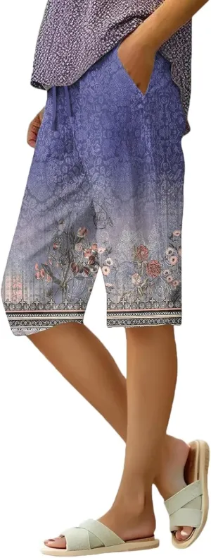 Capri Pants for Women Wide Leg Knee Length Boho Floral Summer Bermuda Shorts Cotton Linen Trousers with Pockets