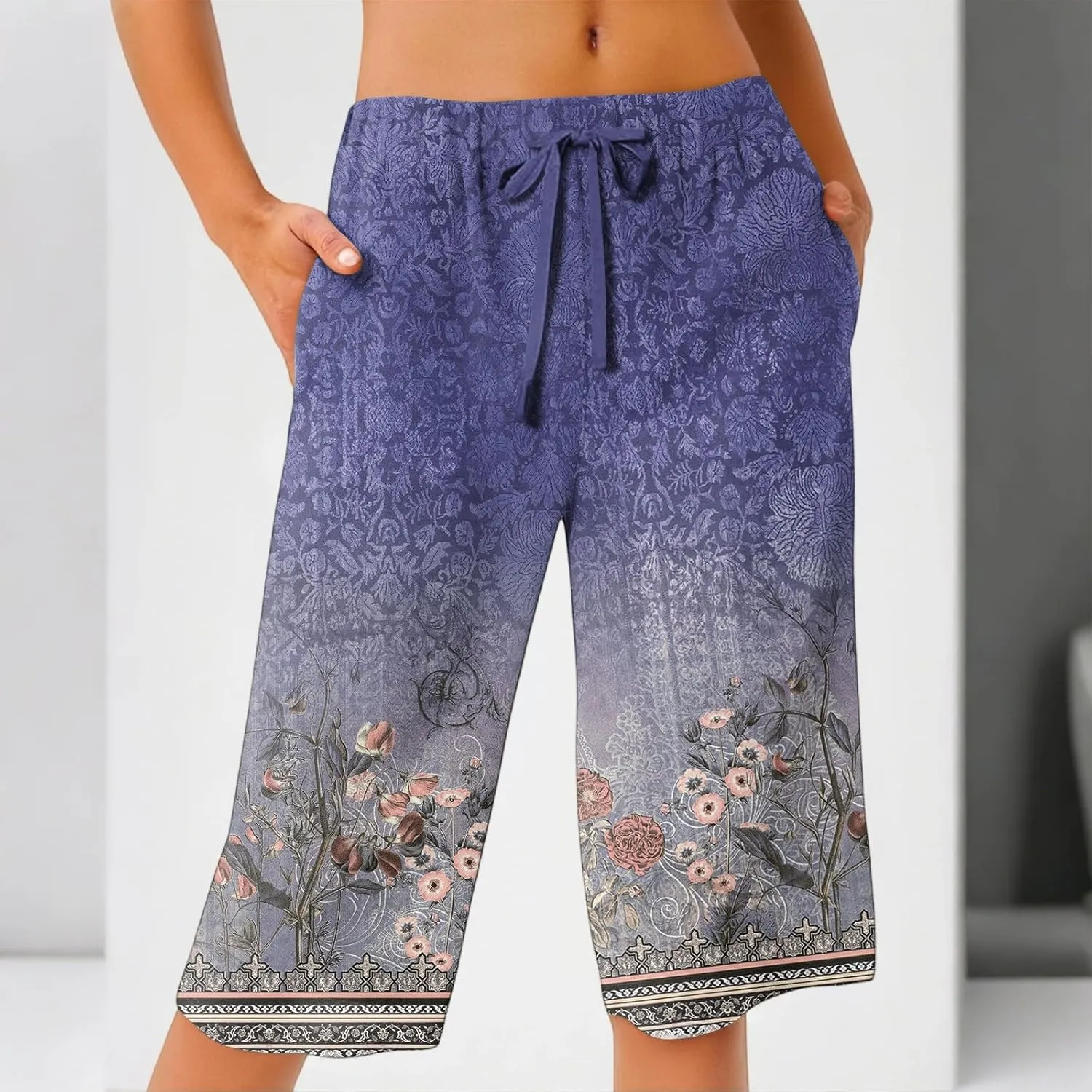 Capri Pants for Women Wide Leg Knee Length Boho Floral Summer Bermuda Shorts Cotton Linen Trousers with Pockets
