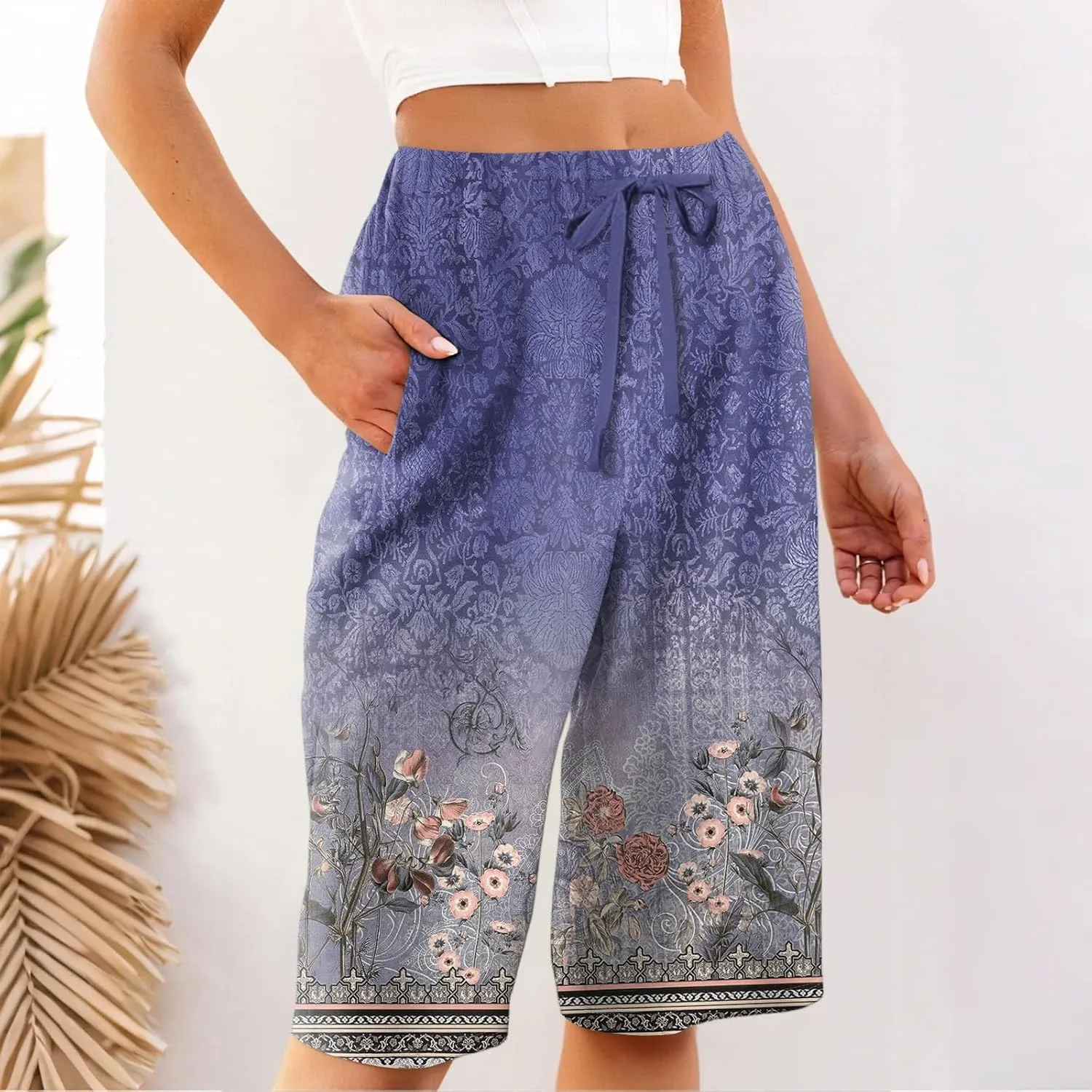 Capri Pants for Women Wide Leg Knee Length Boho Floral Summer Bermuda Shorts Cotton Linen Trousers with Pockets