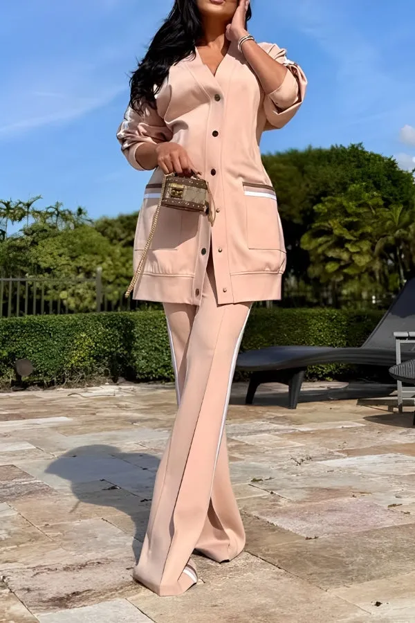 Casual Button-down Jacket & Striped Pants Set