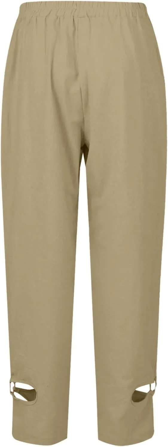 Casual Pants for Women Stripe Print Side Button Trendy Ankle Trousers Baggy Straight Leg Beach Cropped with Pocket