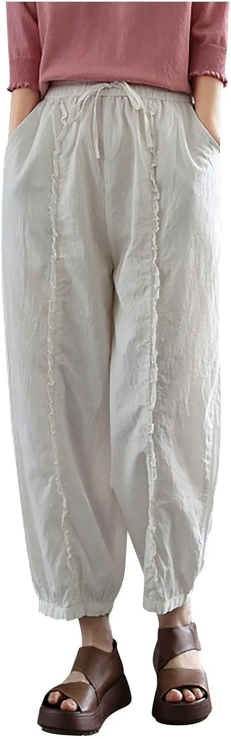 Ceboyel Wide Leg Linen Pants for Women Drawstring Comfy Trousers Elastic Waist Boho Pants Summer Causal Ladies Outfits