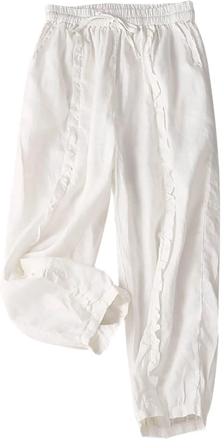 Ceboyel Wide Leg Linen Pants for Women Drawstring Comfy Trousers Elastic Waist Boho Pants Summer Causal Ladies Outfits