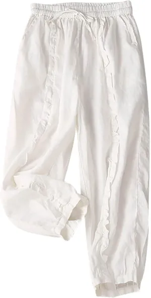 Ceboyel Wide Leg Linen Pants for Women Drawstring Comfy Trousers Elastic Waist Boho Pants Summer Causal Ladies Outfits