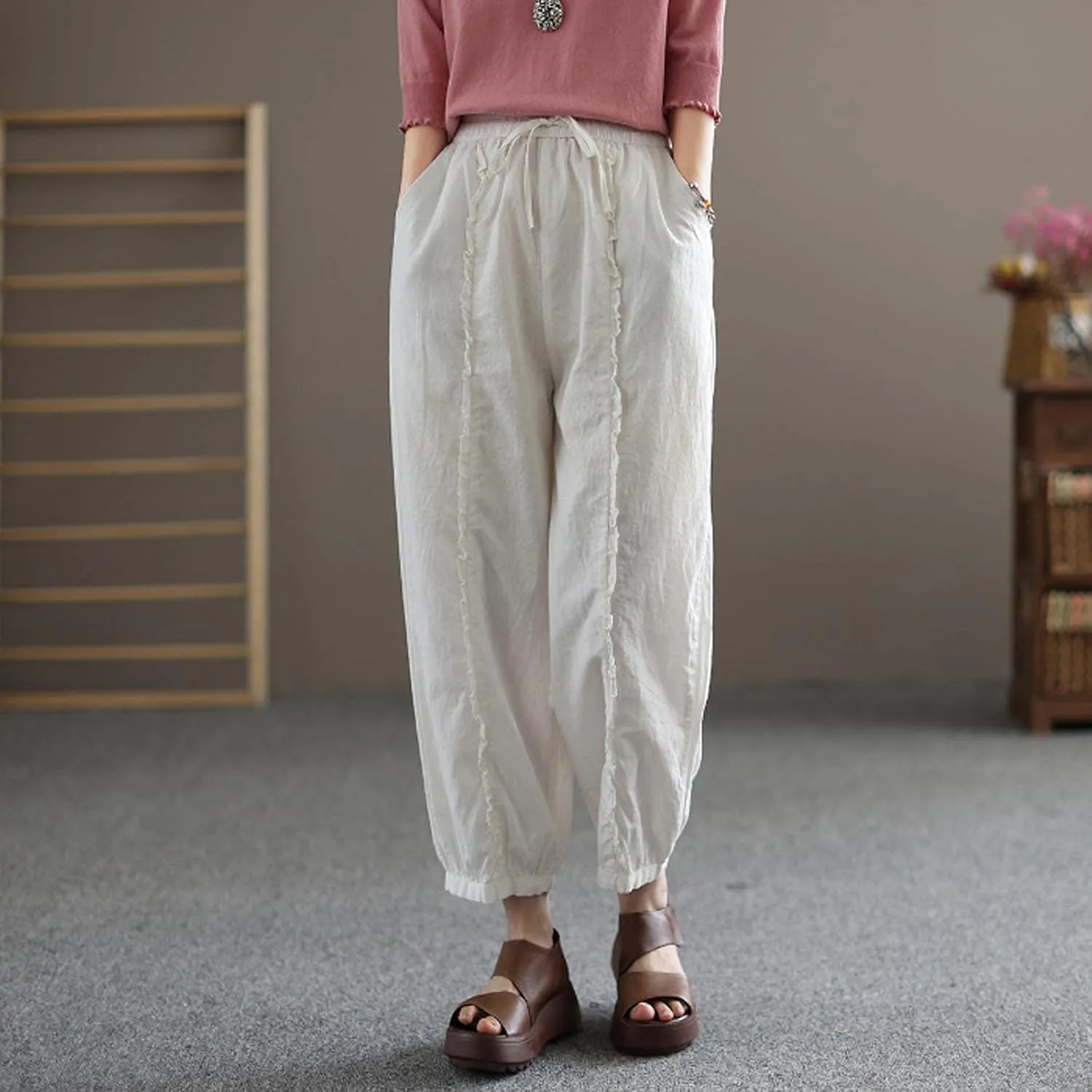 Ceboyel Wide Leg Linen Pants for Women Drawstring Comfy Trousers Elastic Waist Boho Pants Summer Causal Ladies Outfits