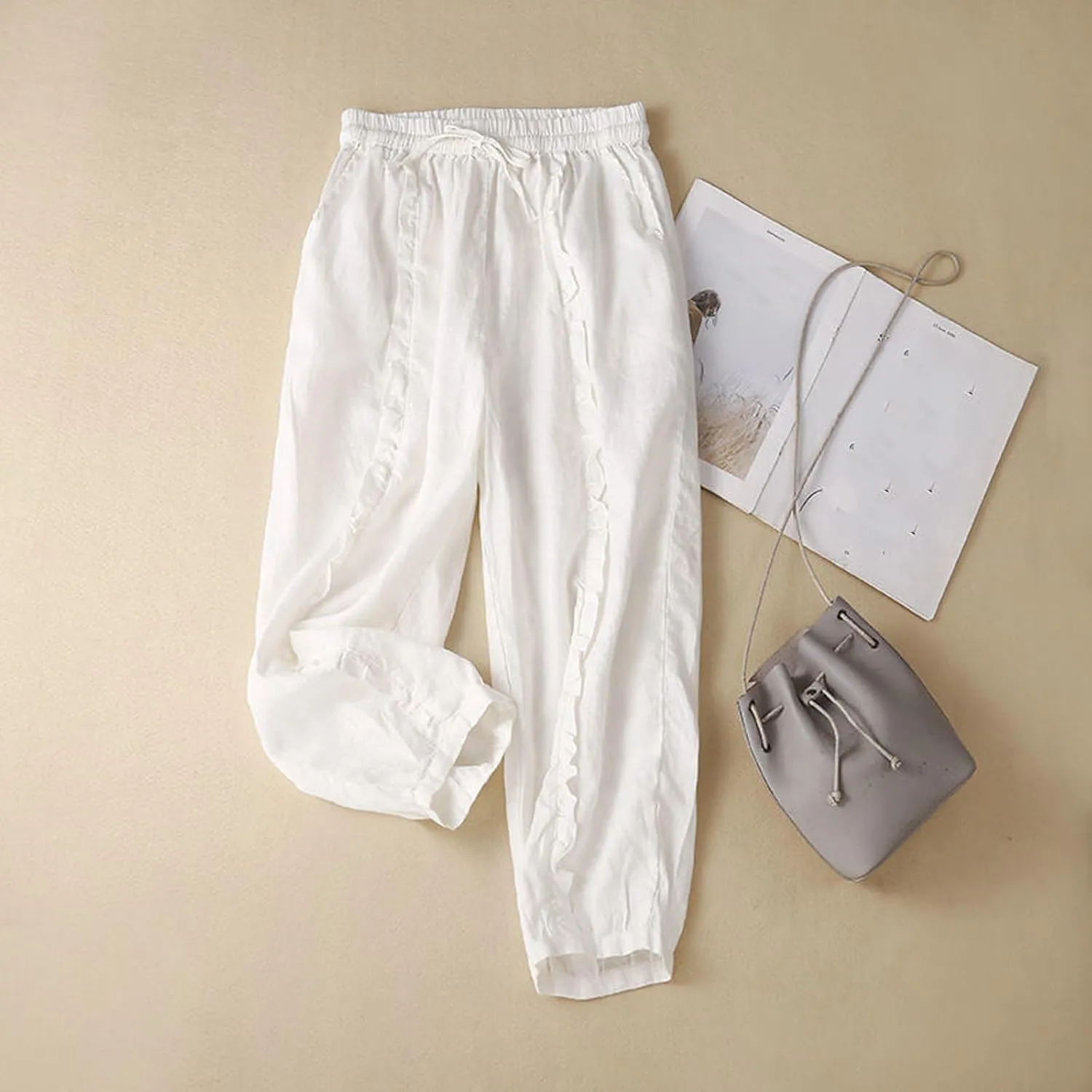 Ceboyel Wide Leg Linen Pants for Women Drawstring Comfy Trousers Elastic Waist Boho Pants Summer Causal Ladies Outfits