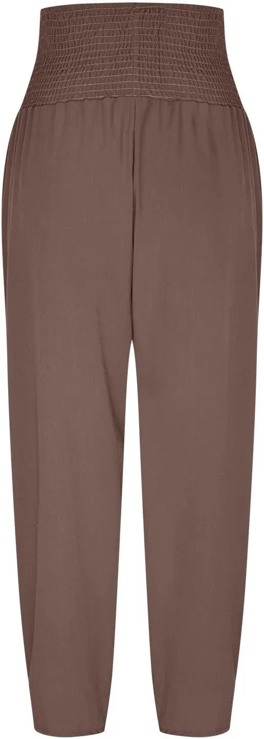 Ceboyel Women Lantern Linen Pants High Elastic Waist Tapered Harem Pants Summer Beach Boho Trouser Trendy Ladies Outfits