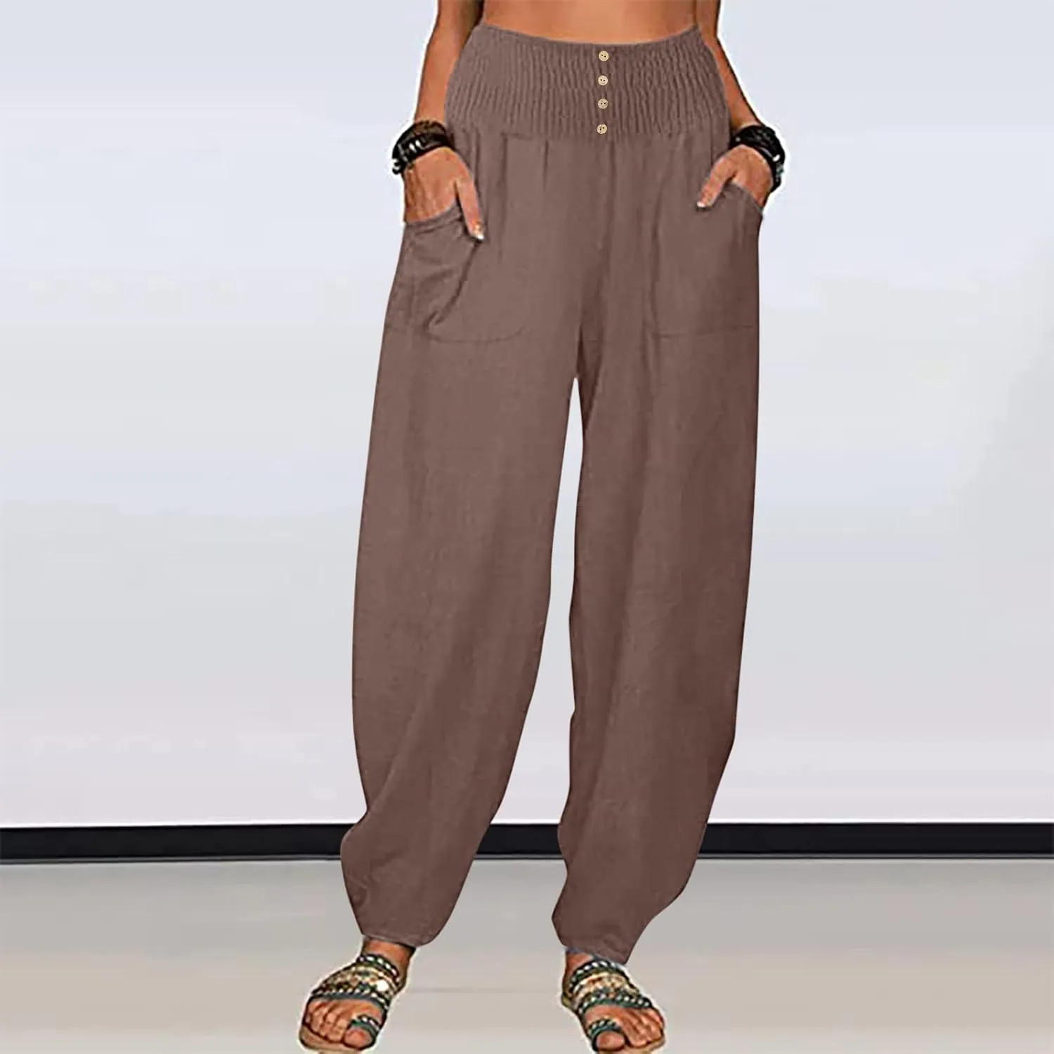 Ceboyel Women Lantern Linen Pants High Elastic Waist Tapered Harem Pants Summer Beach Boho Trouser Trendy Ladies Outfits