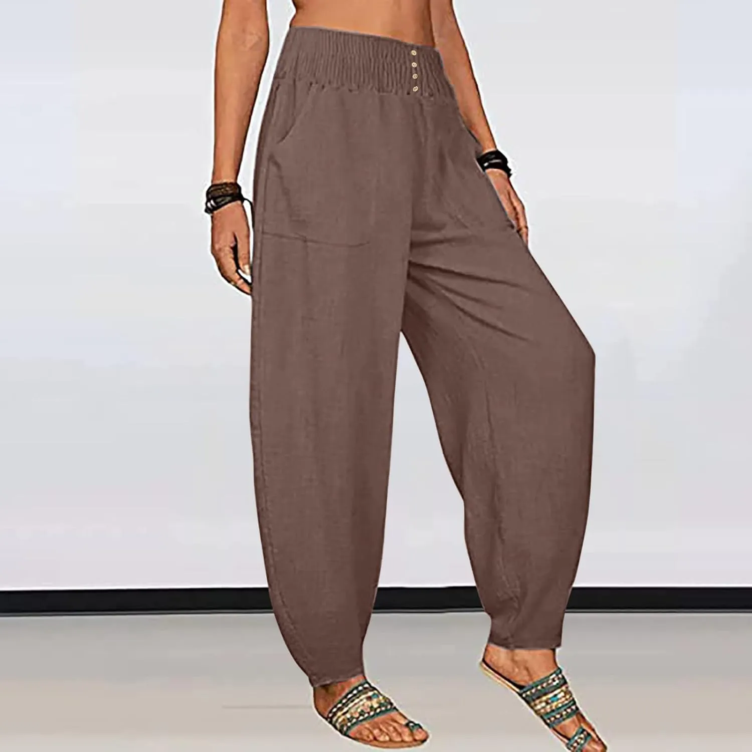 Ceboyel Women Lantern Linen Pants High Elastic Waist Tapered Harem Pants Summer Beach Boho Trouser Trendy Ladies Outfits
