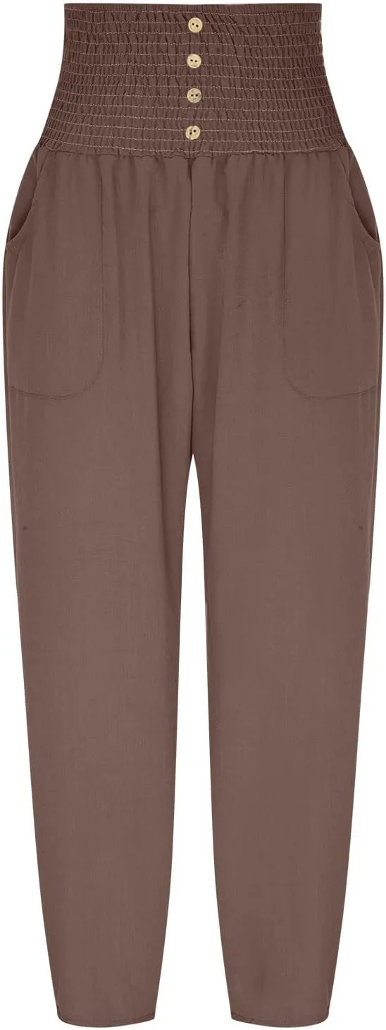Ceboyel Women Lantern Linen Pants High Elastic Waist Tapered Harem Pants Summer Beach Boho Trouser Trendy Ladies Outfits
