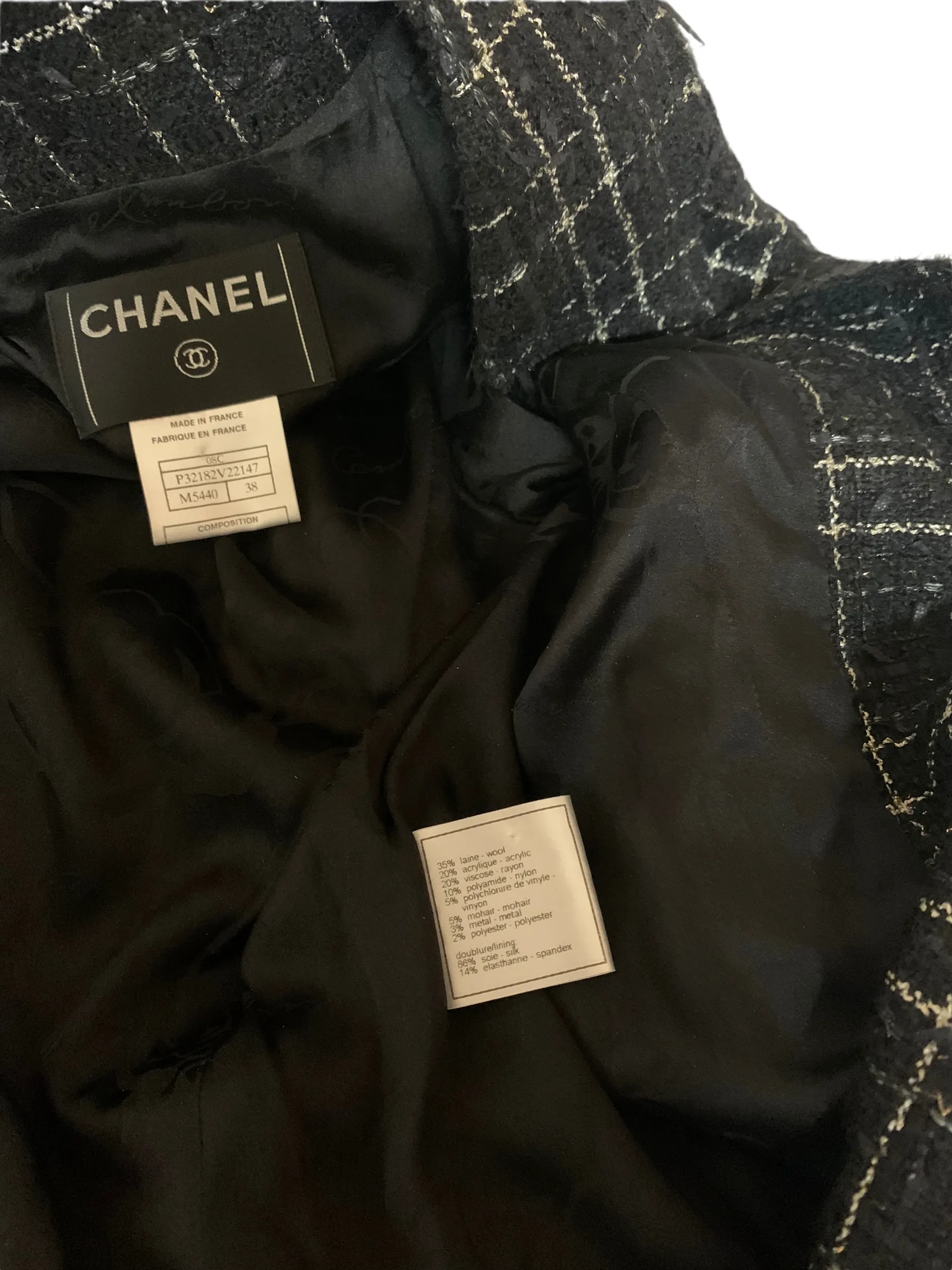 CHANEL 08C 2008 Black Silver Checked Tweed Jacket Sz 38