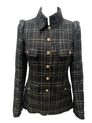 CHANEL 08C 2008 Black Silver Checked Tweed Jacket Sz 38