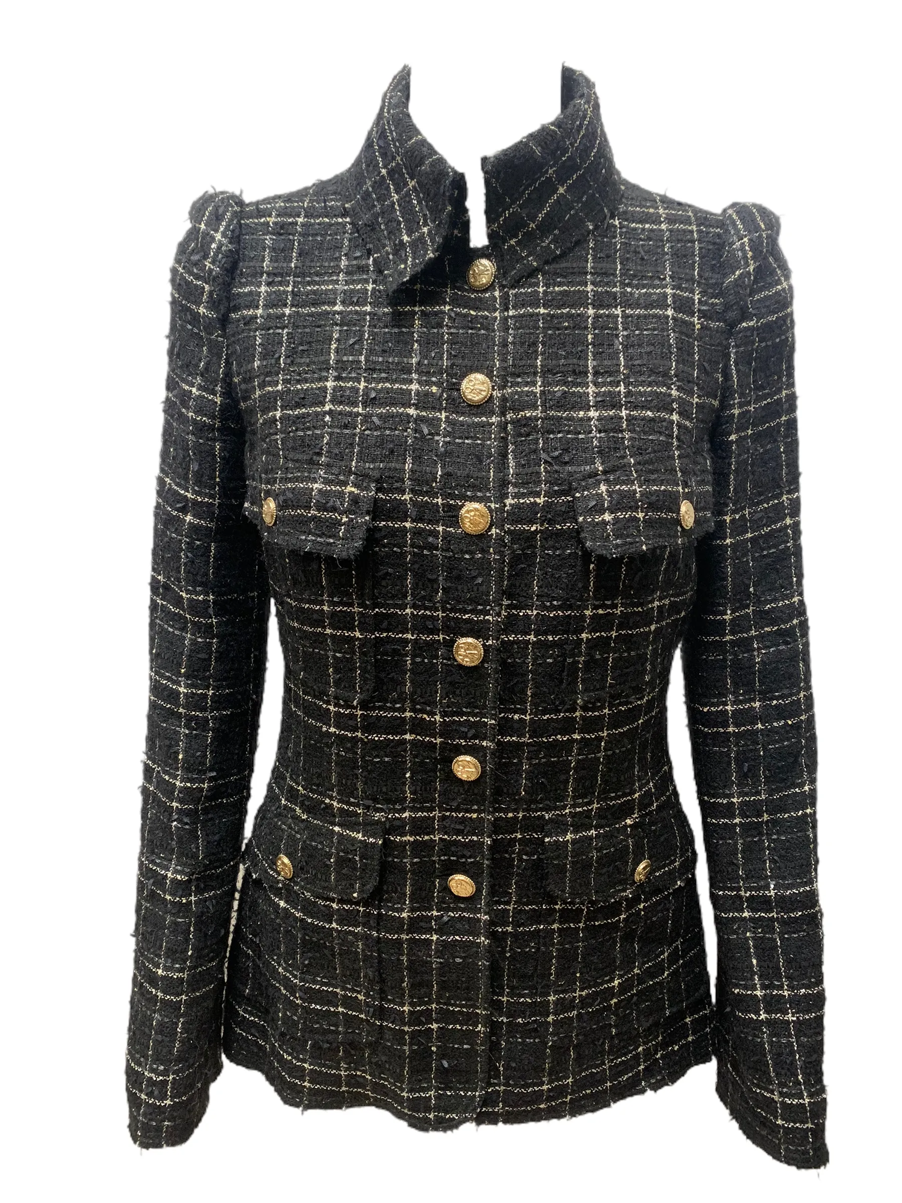 CHANEL 08C 2008 Black Silver Checked Tweed Jacket Sz 38