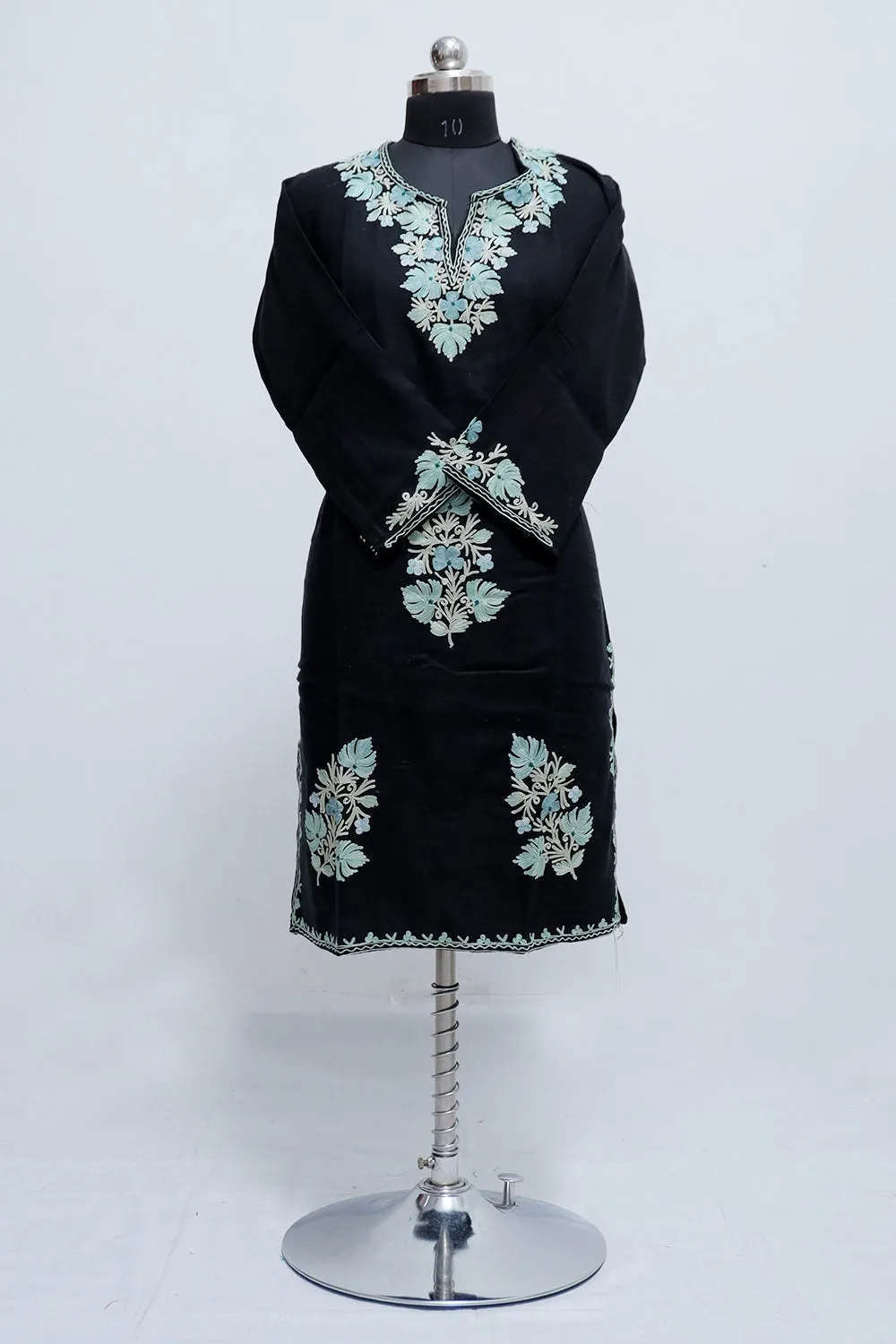 Charcoal Black Kashmir Aari Work Designer  Embroidered Woollen Kurti