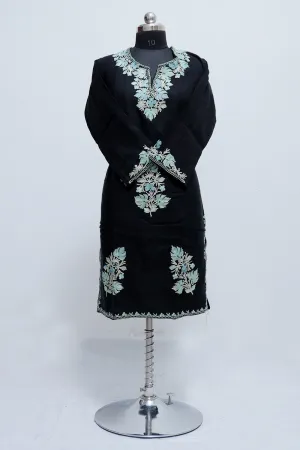 Charcoal Black Kashmir Aari Work Designer  Embroidered Woollen Kurti