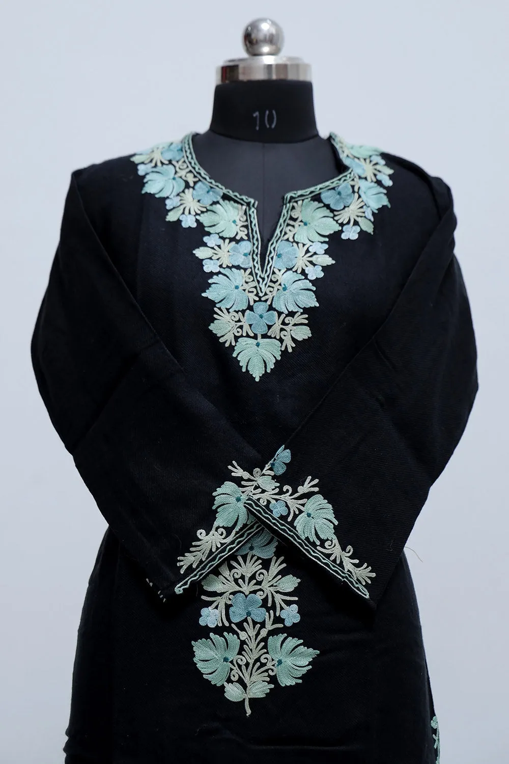 Charcoal Black Kashmir Aari Work Designer  Embroidered Woollen Kurti