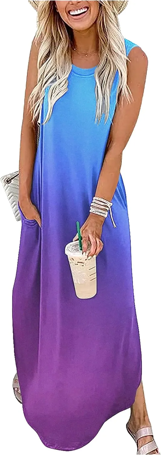 CHUNTIANRAN Women's 2023 Casual Loose Sundress Maxi Dress Sleeveless Summer Beach Long Dresses Tshirt Dress with Pockets