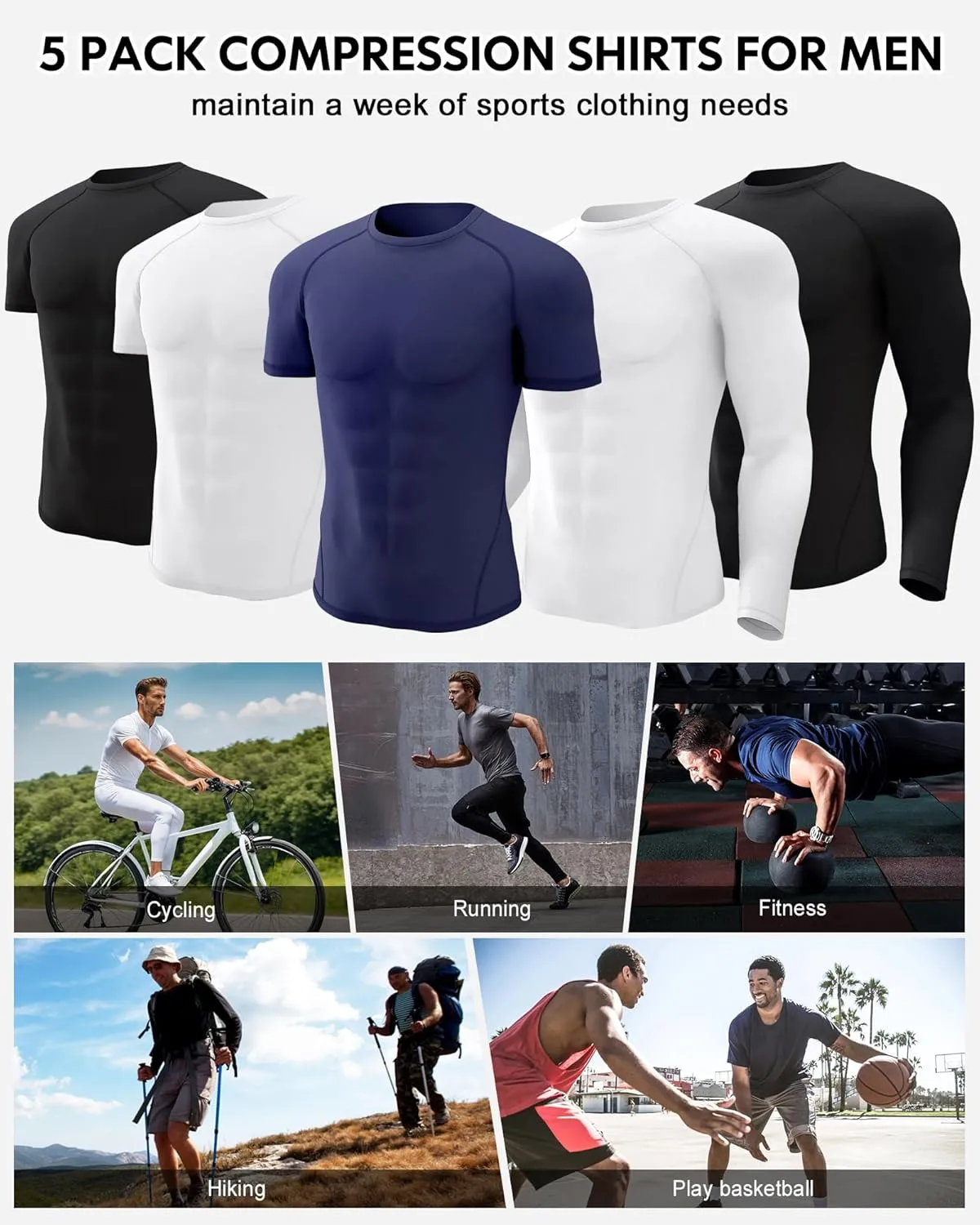 CL convallaria 5 Pack Mens Compression Shirt Workout Rash Guard Long Short Sleeve Undershirts for Athletic Gym Running