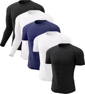 CL convallaria 5 Pack Mens Compression Shirt Workout Rash Guard Long Short Sleeve Undershirts for Athletic Gym Running