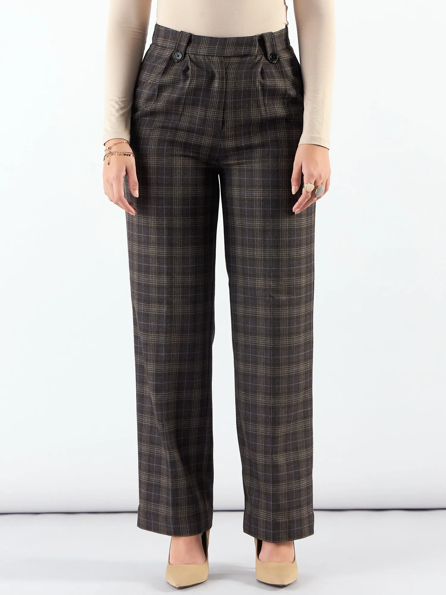 Classic Brown Check High Waist Warm Trouser