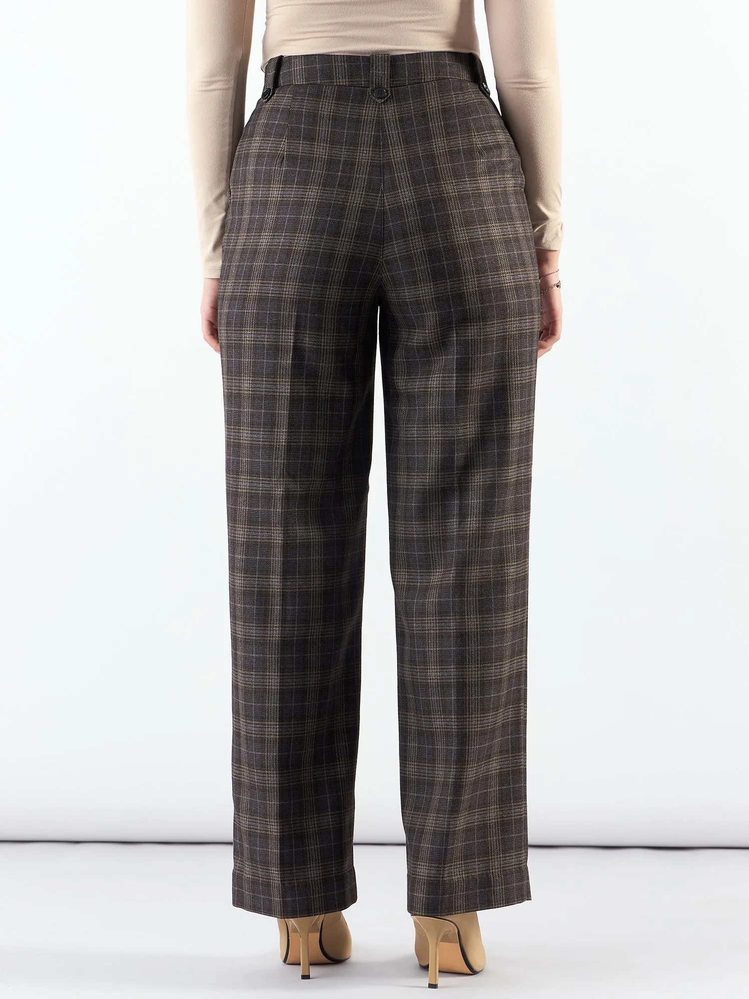 Classic Brown Check High Waist Warm Trouser