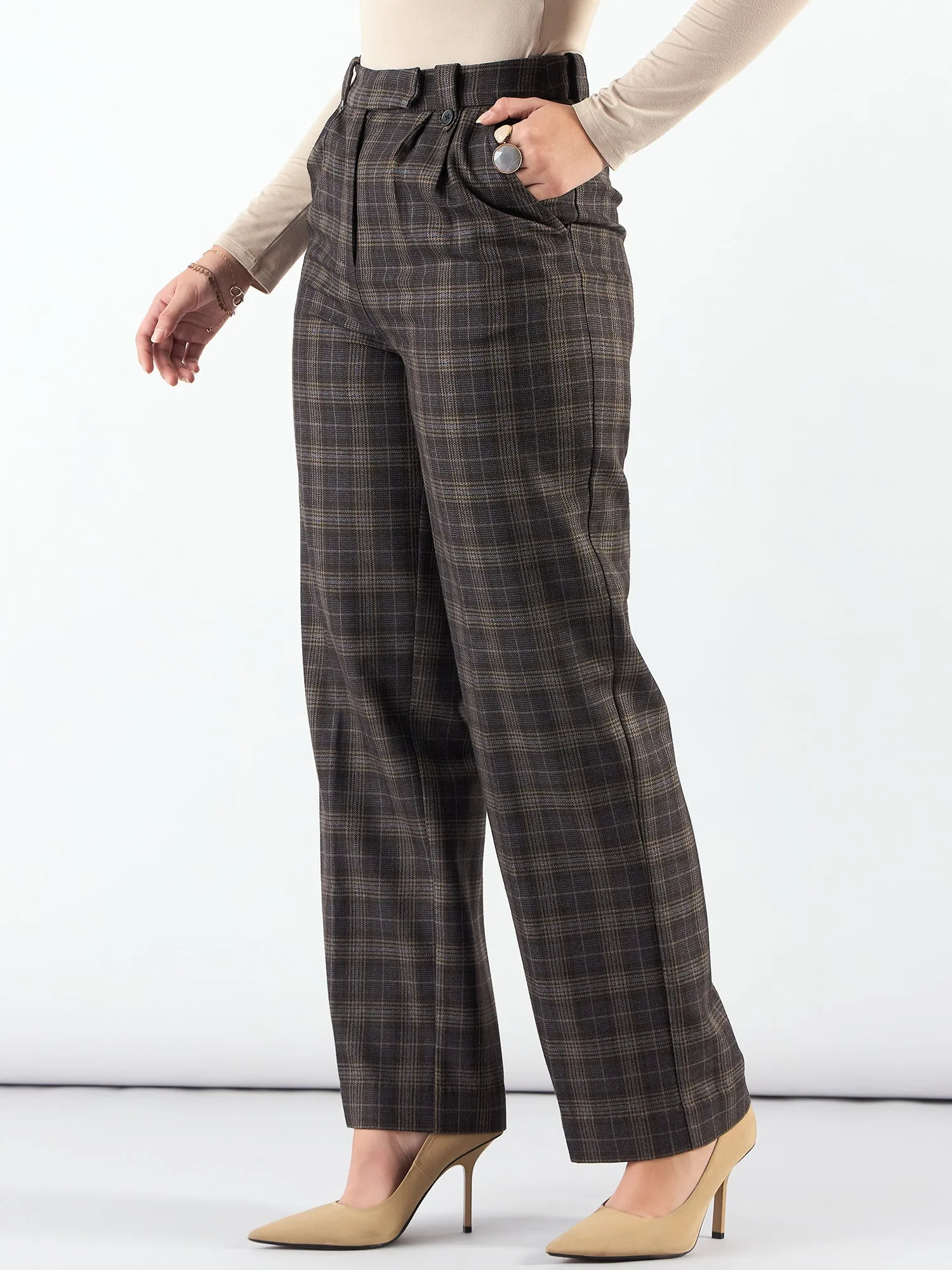Classic Brown Check High Waist Warm Trouser