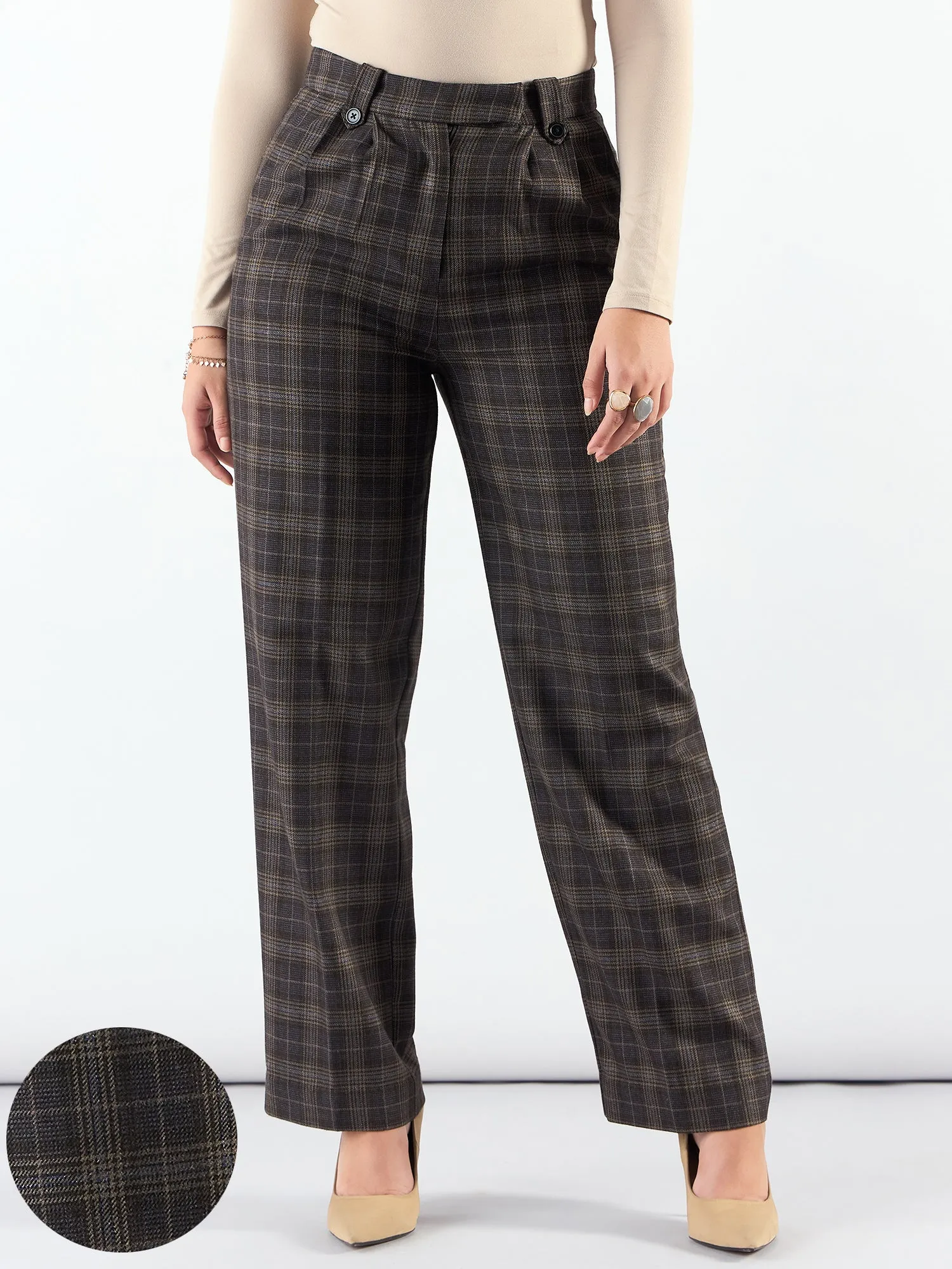 Classic Brown Check High Waist Warm Trouser