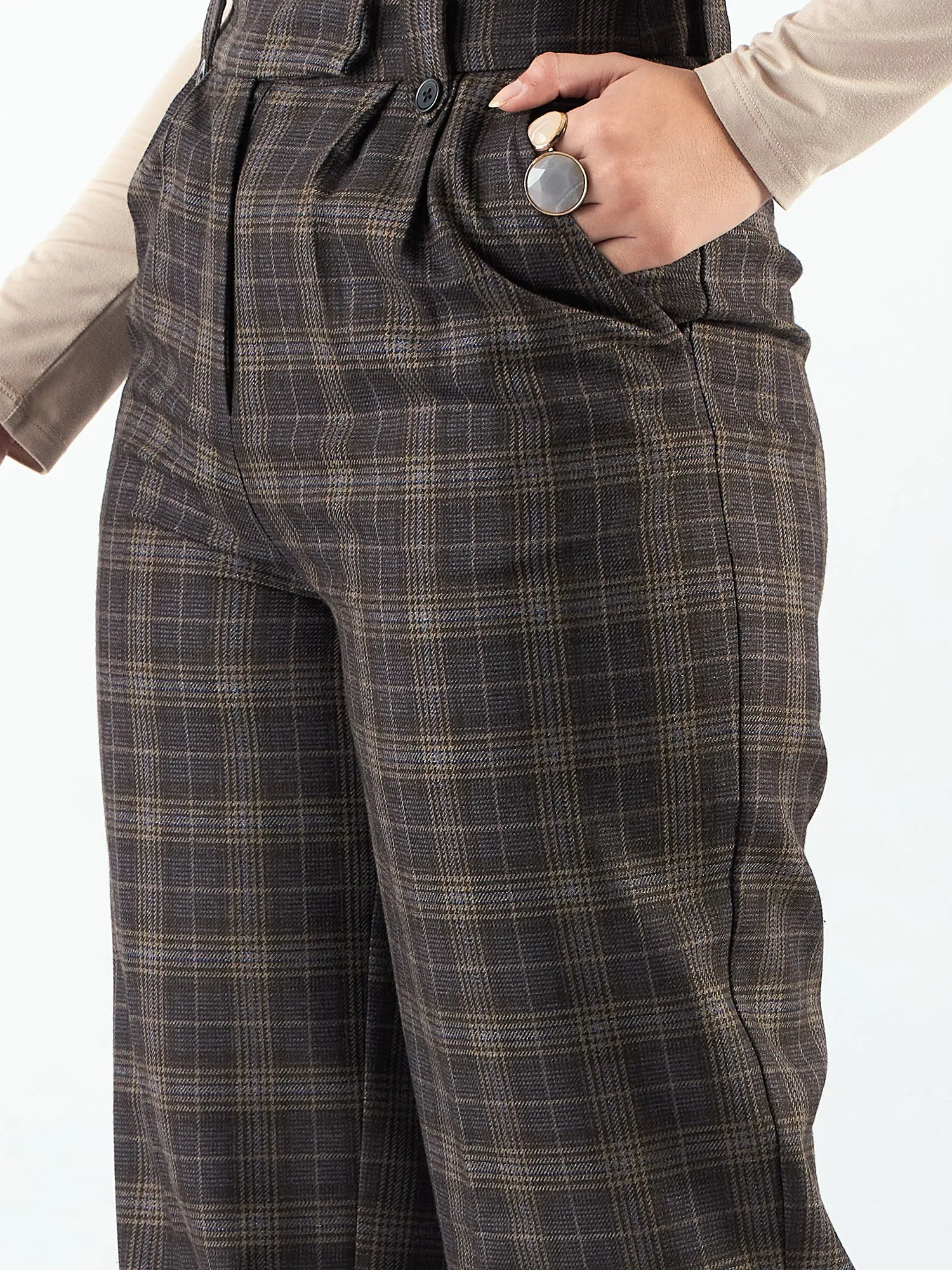Classic Brown Check High Waist Warm Trouser