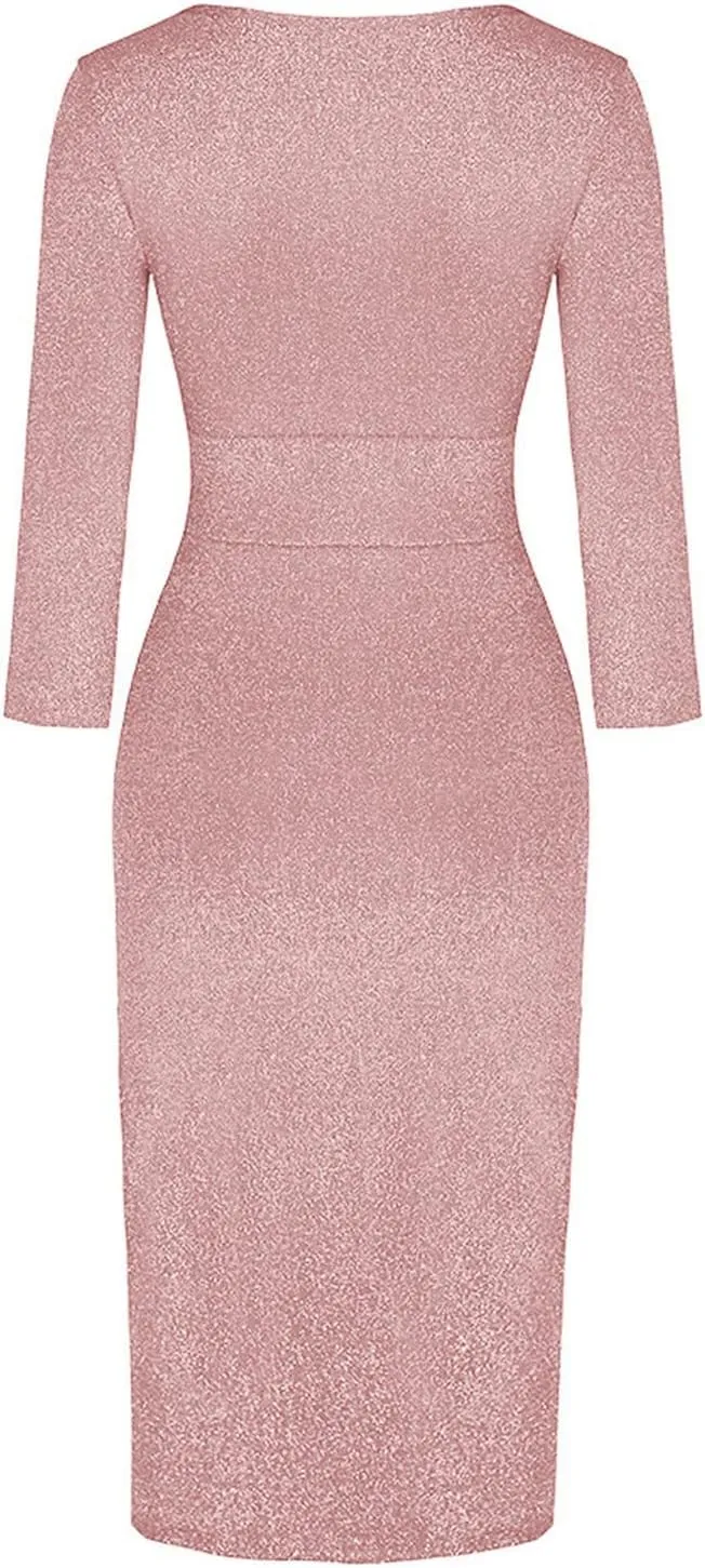 Cocktail Party Dresses,Elegant Formal Long Sleeve Sparkly Dress Plus Size Sexy Bodycon V Neck Smocked Slit Dress