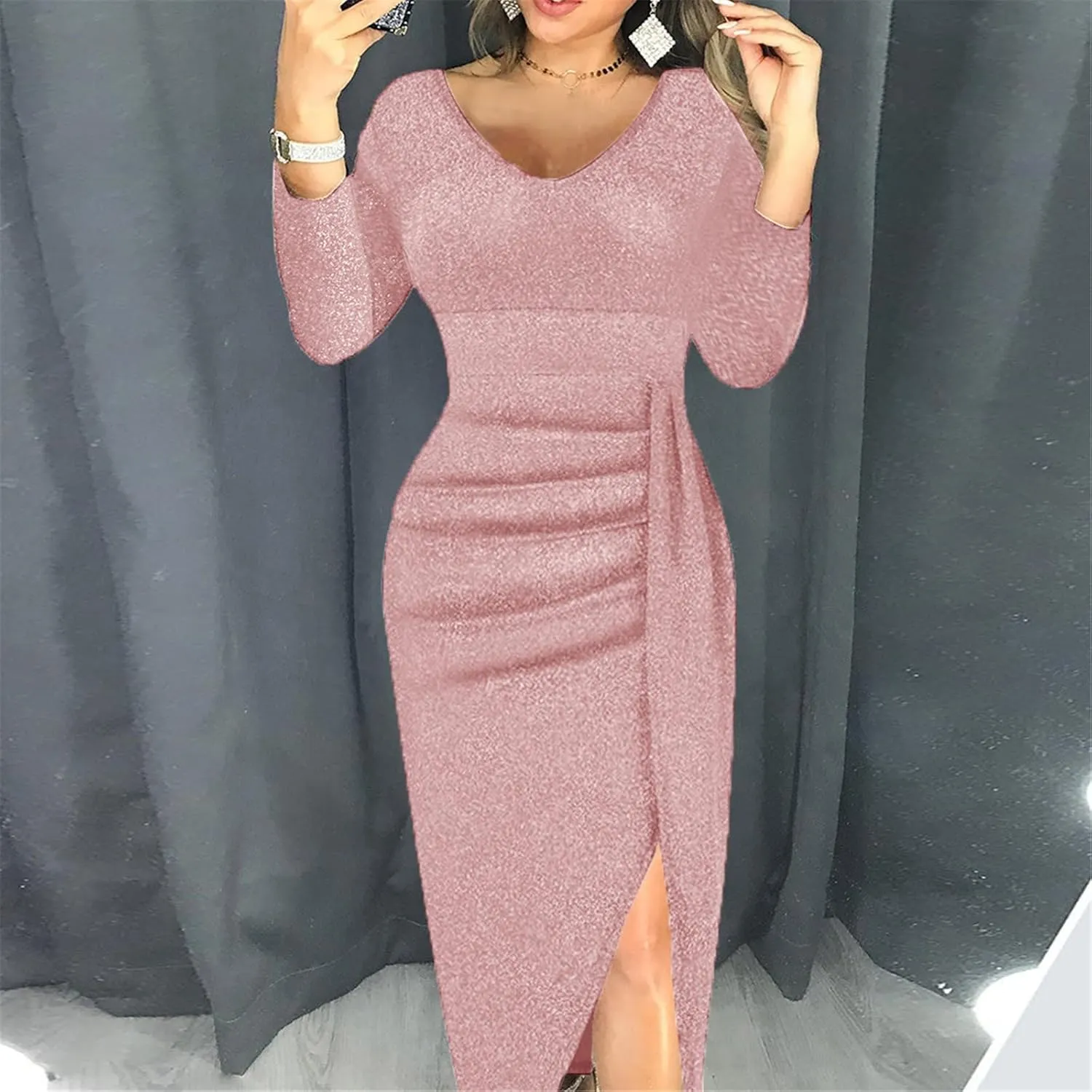 Cocktail Party Dresses,Elegant Formal Long Sleeve Sparkly Dress Plus Size Sexy Bodycon V Neck Smocked Slit Dress