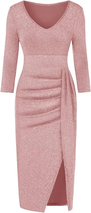 Cocktail Party Dresses,Elegant Formal Long Sleeve Sparkly Dress Plus Size Sexy Bodycon V Neck Smocked Slit Dress