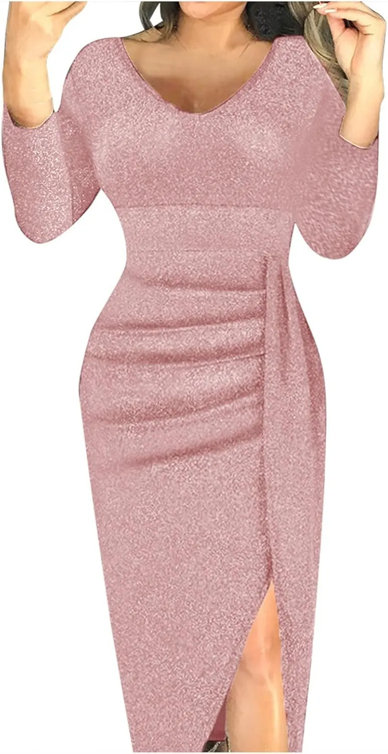 Cocktail Party Dresses,Elegant Formal Long Sleeve Sparkly Dress Plus Size Sexy Bodycon V Neck Smocked Slit Dress