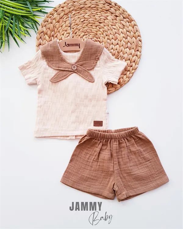 collar detailed muslin shorts set